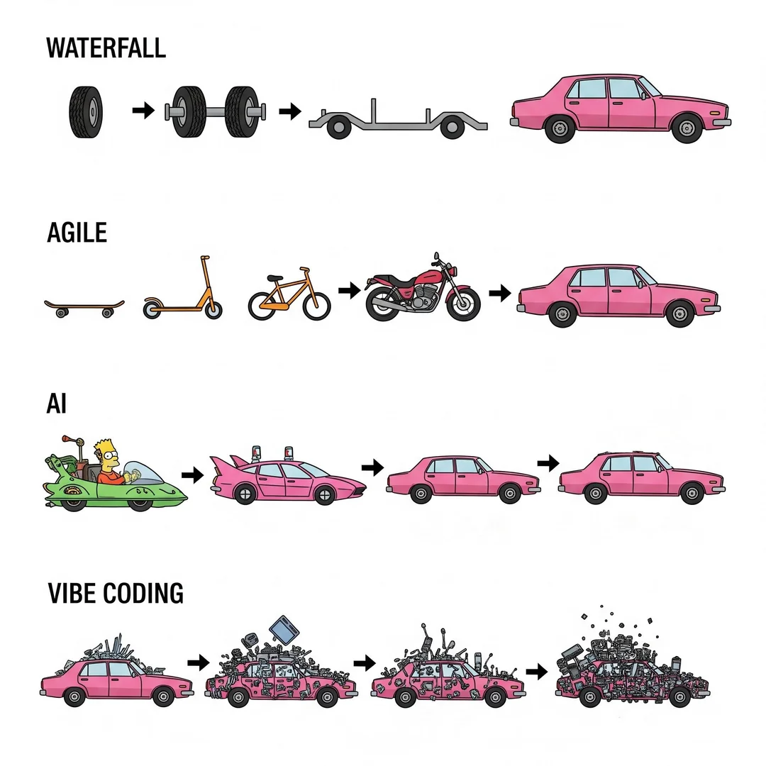 四種軟體開發方法對比：瀑布模型、敏捷開發、AI開發和隨性編碼